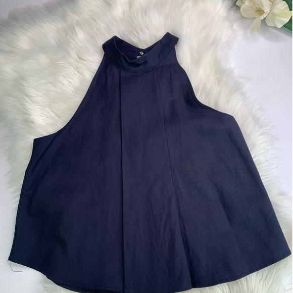 Revolve J.O.A Los Angeles Trapeze Halter Pleats Tank Linen cotton Blue Size SX - Picture 5 of 16